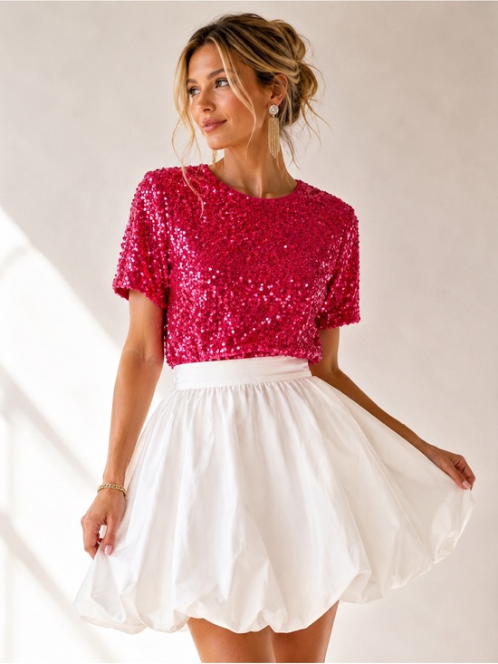 Wayf Tops - WAYF Pink Sequin Short Sleeve Top Blouse Size Medium